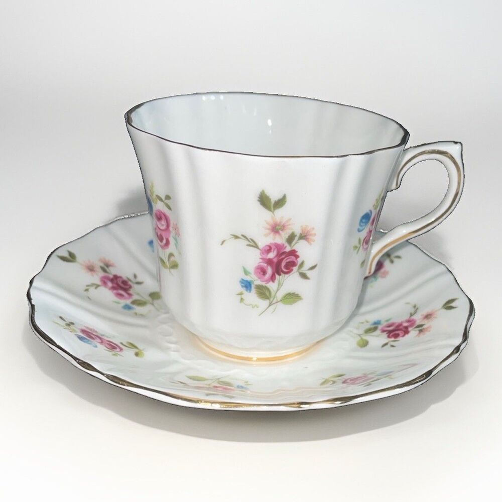 Vintage Old Royal Bone China Pink Rose Teacup & Saucer England Gold Trim